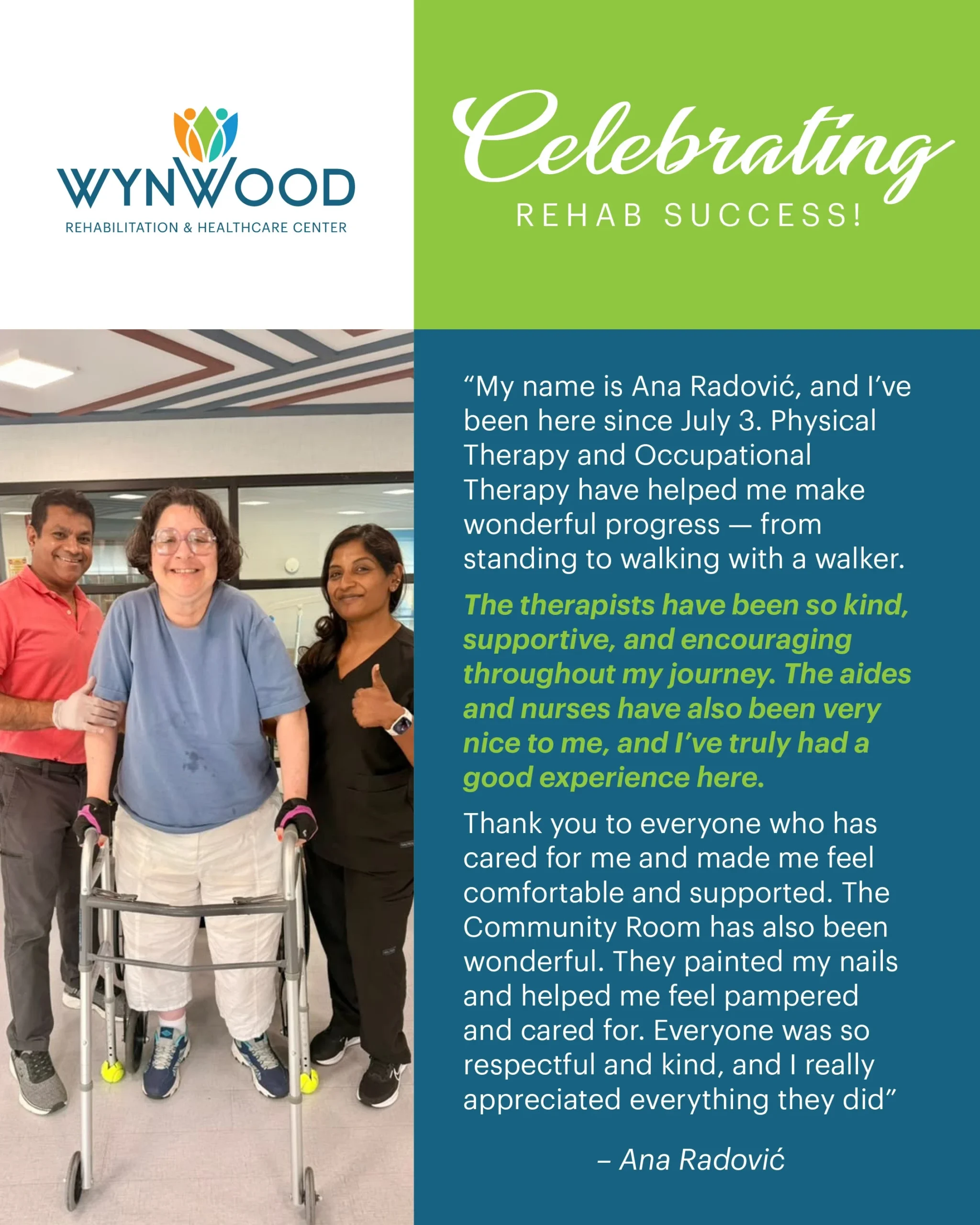 Ana Radović: Rehab success story at Wynwood & Healthcare Center, Cinnaminson, NJ